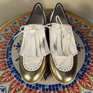 Walter Genuin Golf Shoes Women’s Sz 35 EU /  4.5 US Leather Gold White Italy